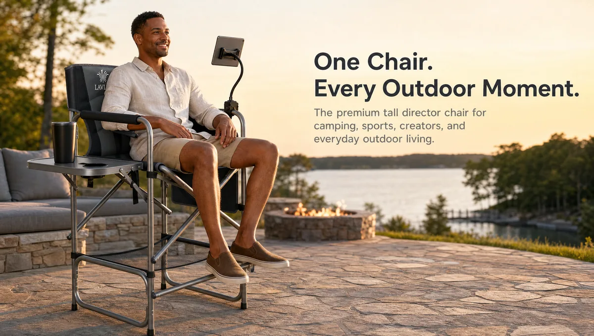 Folding directors chair for outdoor use, shown open with the side table, cup holder and footrest bar