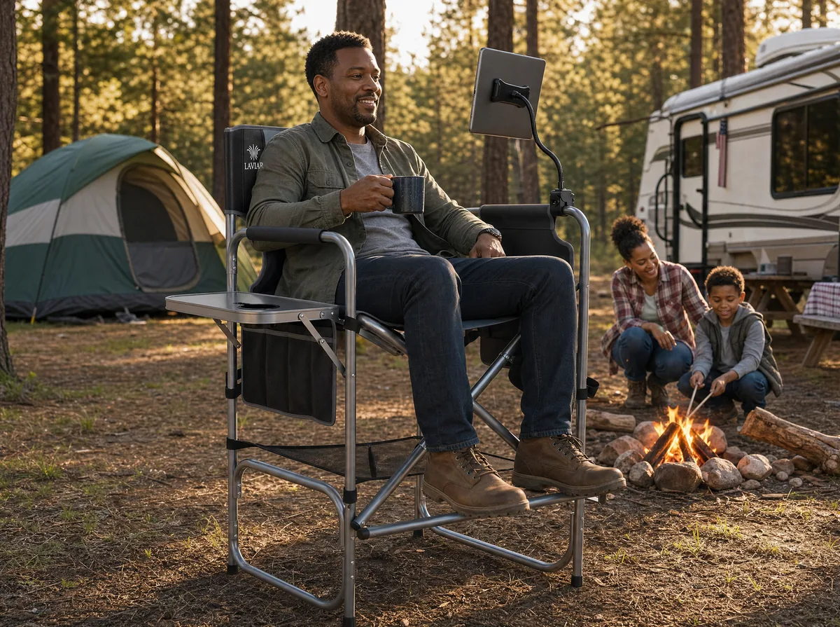 Camper seated in a tall director's chair at a campsite with the fold-out side table holding a drink