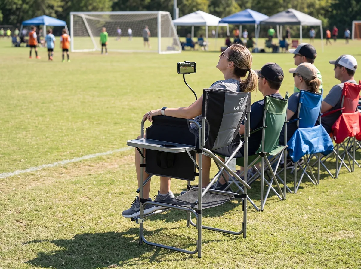 Sports parent seated in a tall directors chair on the sideline, eye level above the row of low chairs in front