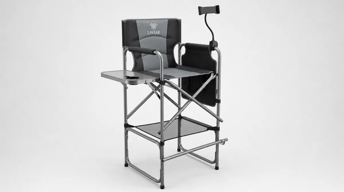 Tall director's chair features for booth use, fold-out table with cup holder, gooseneck device holder, storage pouch and footrest bar