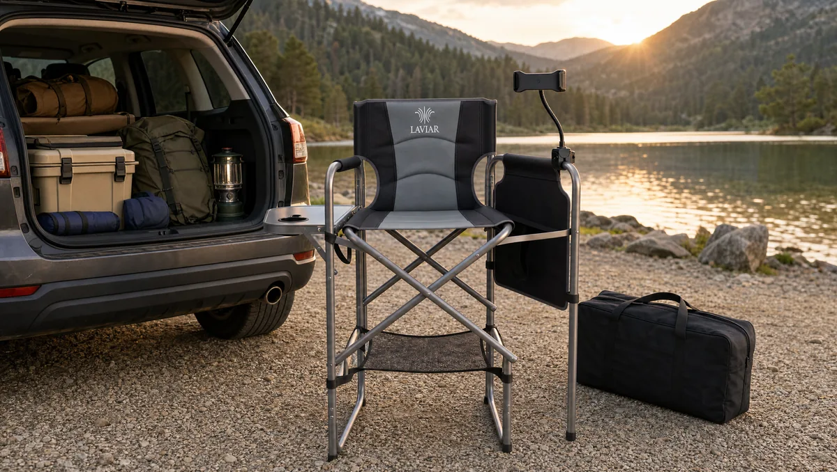 Portable director's chair folded flat with its carry bag for makeup work on location