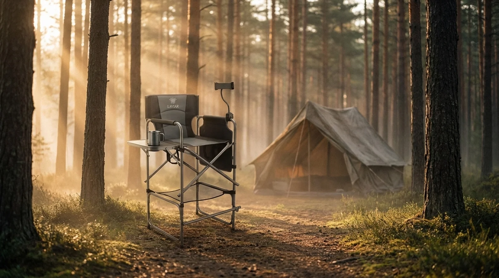 Director's chair set up alone at a forest campsite, the style RV and overlanding forums keep recommending