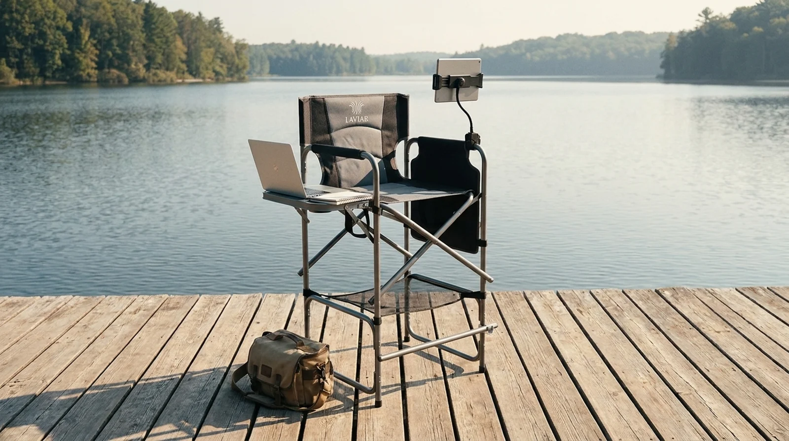 Tall folding directors chair set up alone on a lake dock, showing the flat fold frame and high seat