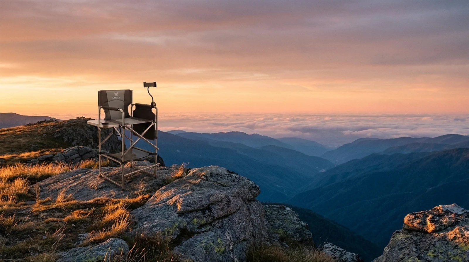 Tall directors chair standing alone on a mountain ridge, showing the cross-braced steel and aluminum frame